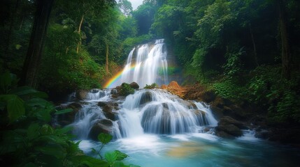 Majestic Waterfall Oasis with Rainbow in Lush Forest
