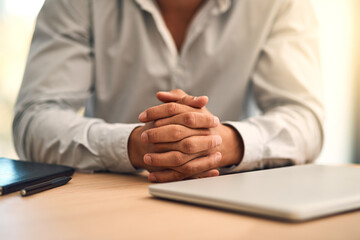 Obraz premium Businessman, hands and waiting with laptop for meeting or interview in anticipation at office desk. Closeup of male person or employer in patience for career, business or job opportunity at workplace