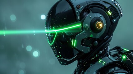 This is a depiction of a futuristic cybernetic soldier equipped with an advanced green laser visor