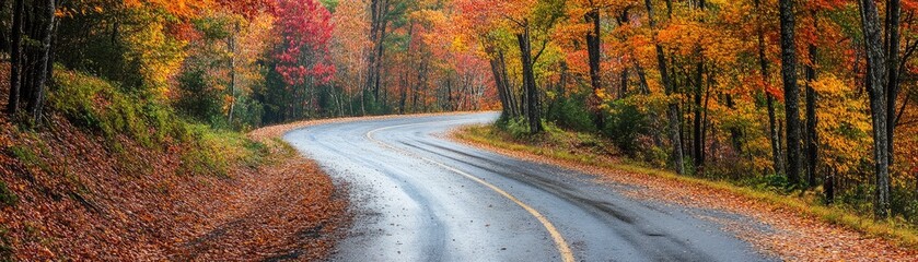 Obraz premium Scenic drive through autumnal pine forest, colorful foliage lining the road