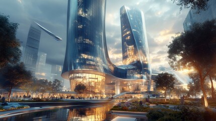 Futuristic urban landscapes  digital renderings of modern cityscapes with glass facades