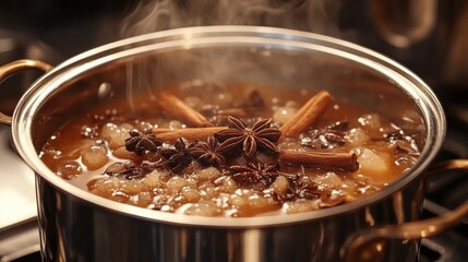 aromatic masala chai, aromatic spices blending in a pot of simmering masala chai, filling the kitchen with a cozy and delightful scent
