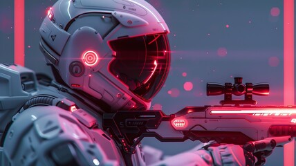 A Futuristic Soldier Equipped with Advanced HighTech Weaponry Set in a Vibrant Neon Environment