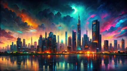 Obraz premium Surreal oil painting of neon cityscape against dark moody sky, neon, city, skyline, surreal, oil painting, night, urban