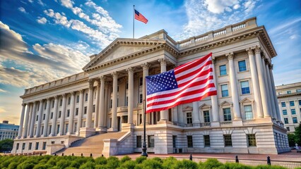 Obraz premium Imposing government building with waving American flag in urban cityscape, government, building, architecture