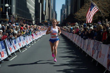 Happy Female Runner in Marathon with Sunlight and Motion Blur