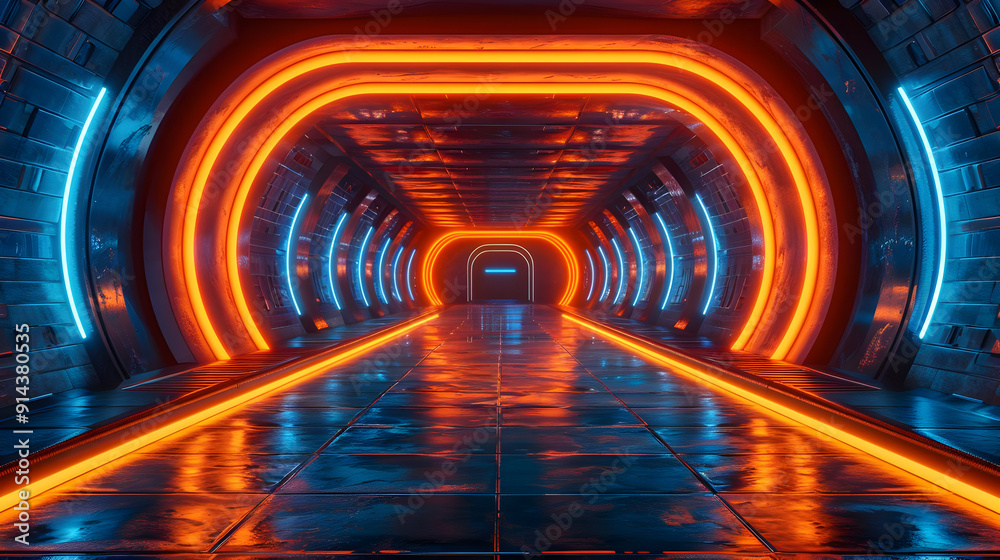 Wall mural Futuristic tunnel with orange and blue neon lights.