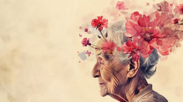 watercolor illustration, vintage postcard, World Alzheimer's Day, portrait of a gray-haired grandmother, light background, copy space free space for text