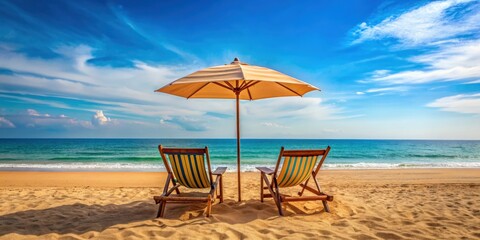 Beach chairs and umbrella set up on sandy beach near the sea, vacation, relaxation, coastal, leisure, sun, summer