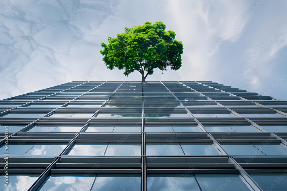 Poster Green tree growing from top of a skyscraper.