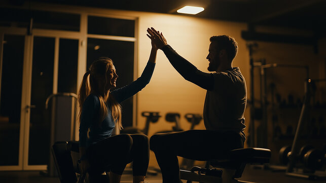 Couple engaging in fitness training together in a dimly lit gym at night