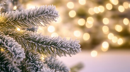 Frosty Pine Branch with Warm Glowing Lights on Winter Evening