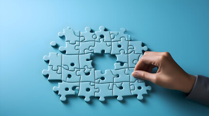 Hand placing the final piece of a blue puzzle.