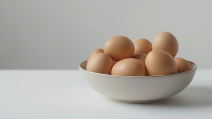 Fresh chicken eggs in a bowl on a white studio table
