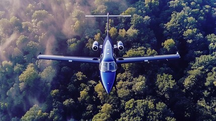 Naklejka premium An Aerial View of a Private Jet Gracefully Flying Over a Lush Green Forest Landscape