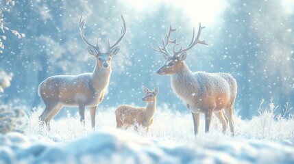 Obraz premium A family of deer, including a young fawn, stands amidst gentle snowfall in a tranquil winter landscape