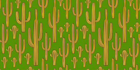 Vector seamless pattern with yellow cacti on bright green background