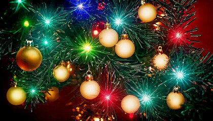 Beautiful glowing background with Christmas and New Year decorations and colorful balls. Christmas New Year fairytale mood. Christmas New Year winter home fairytale holiday.
