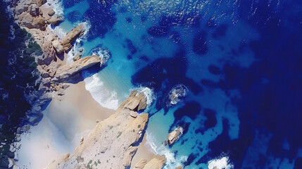 Fototapeta premium Experience the Stunning Aerial View of Pristine Ocean Waves and Rocky Shoreline Paradise
