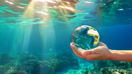 Crystal clear underwater view with hand holding vibrant globe