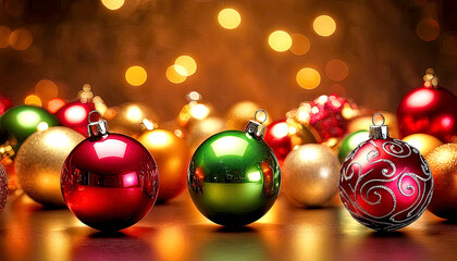 Fototapeta premium Beautiful glowing background with Christmas and New Year decorations and colorful balls. Christmas New Year fairytale mood. Christmas New Year winter home fairytale holiday. 