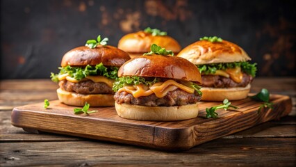 Decadent gourmet burgers topped with premium foie gras on wooden board plates , gourmet, burgers, foie gras