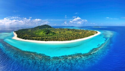 Fototapeta premium Tropical Paradise: A serene, picturesque island with pristine white sand beaches, crystal-clear turquoise waters, and lush greenery, creating a breathtaking tropical escape. 