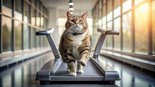 Funny fat cat leisurely running on a treadmill in the gym , lazy, overweight, feline, exercise, workout, cute, fluffy