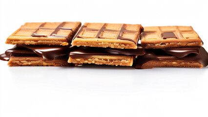 Crispy cookies with three delicious indulgent decadent layers of Chocolate on white background