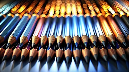 Dynamic Display of Multicolored Wooden Pencils on Reflective Surface - Creative Background