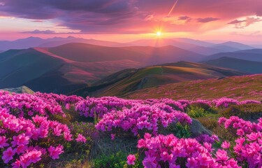Pink Flowers on a Mountain at Sunset
