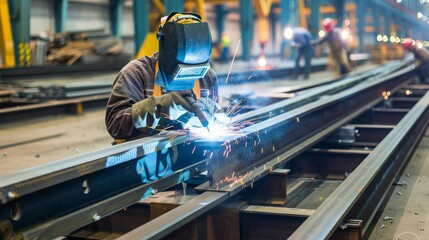 A welder wearing protective gear is working on metal beams in a factory, showcasing industrial work and manufacturing processes.