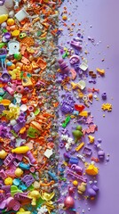 Fototapeta premium Brightly colored small plastic toys are scattered across a purple background, creating a playful and vibrant composition