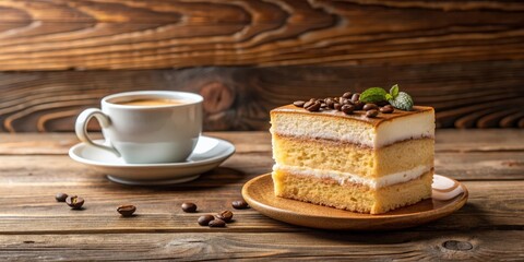 Sponge cake topped with coffee on wooden background, sponge cake, coffee, dessert, sweet, treat