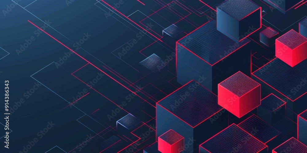 Poster blue and red background with geometric shapes red lines on a dark blue background an isometric cube 
