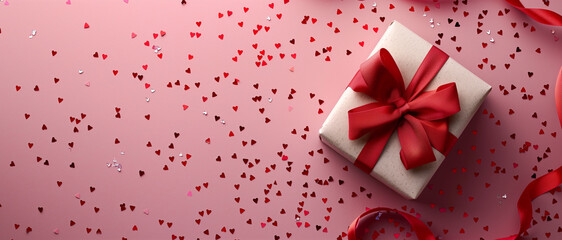 A gift box with a red ribbon on a gray background, with confetti, copy space for text, etc.