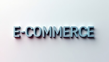 E-commerce text in 3D blue letters on a light gradient background.