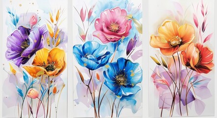 Three flower paintings on a white background, frameless design, featuring minimalistic floral art.