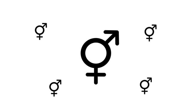 Zoom in and out animation the bigender symbol. Large black symbol in the center and four small symbols around. Seamless looped 4k animation on white background