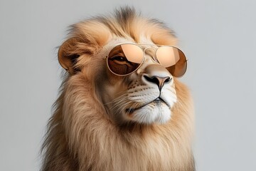 Majestic Lion in Aviator Sunglasses Striking Regal Pose Against Dramatic Backdrop