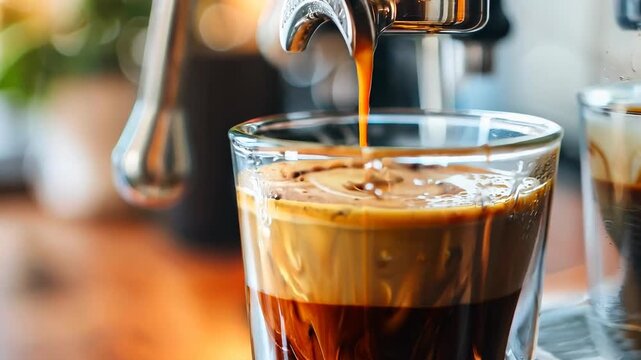 Freshly brewed espresso pouring glass cup in cafe