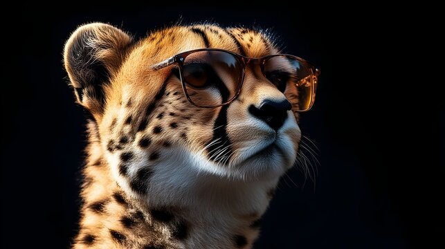 Elegant Cheetah with Sleek Rectangular Sunglasses on Alert Stance Against Black Backdrop