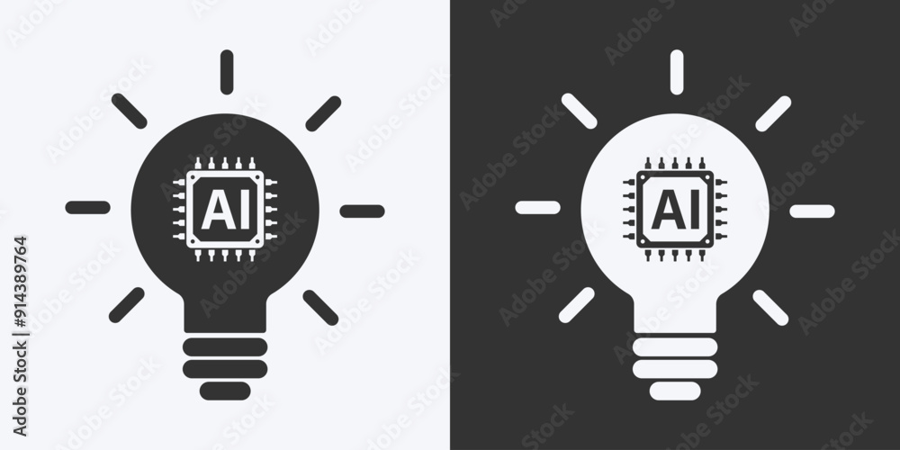 Poster Light bulb with AI chipset icon. Flat design. Artificial intelligence technology concept design. Big data and Machine learning. Vector illustration design for web, UX, UI, and app.