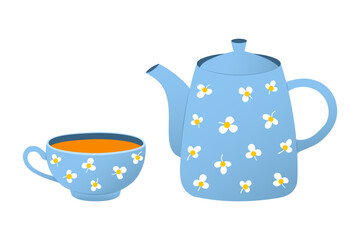 Blue Floral Teapot and Teacup Set on White Background - Modern Beverage Tableware Design.