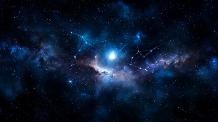 Fototapeta premium Mystical night sky with bright constellations and zodiac symbols, offering a wide copy space for text to highlight the enigma of star prophecy