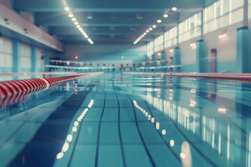 Naklejka premium A calm and peaceful olympic swimming pool scene, evoking feelings of relaxation and tranquility. The still water and surrounding environment create a sense of calmness.