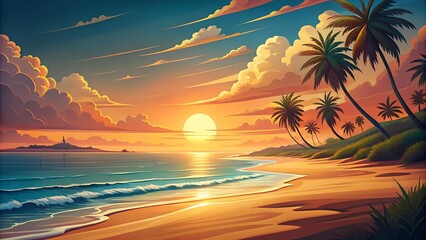 Sun-Kissed Sands: A Retro Illustration of a Coastal Sunset  generative AI