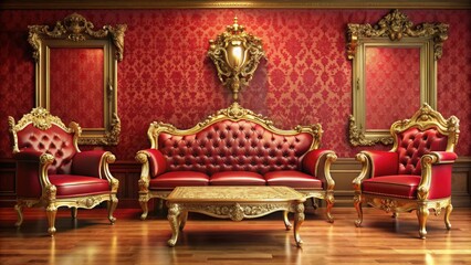 Ornate wooden sofa and chairs in a red room with golden elements , ornate, wooden, sofa, chairs, red, room
