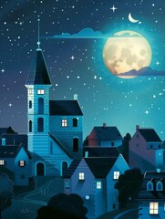 Fototapeta premium A Charming Nighttime Village with a Beautifully Moonlit Sky and a Serene Atmosphere