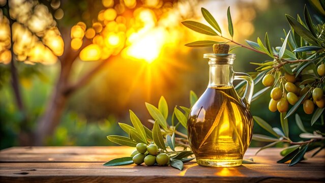 Golden Hour Harvest: An Olive Oil Bottle Basking in Warm Light  generative AI